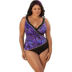 Vintage Plus Size Robby Len Purple Blue Black V-Neck Swimsuit Size XXL EUC #7321